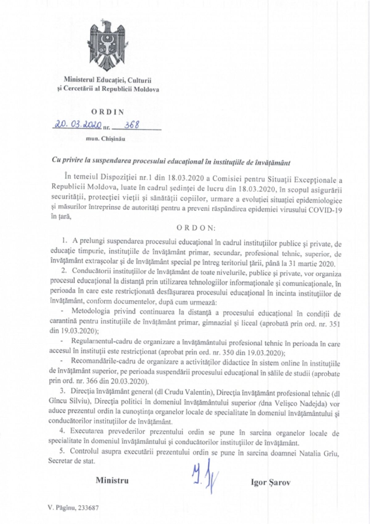 Se prelungește perioada de suspendare a procesului educațional în incinta instituțiilor de învățământ, dar se va asigura continuitatea acestuia la distanță.