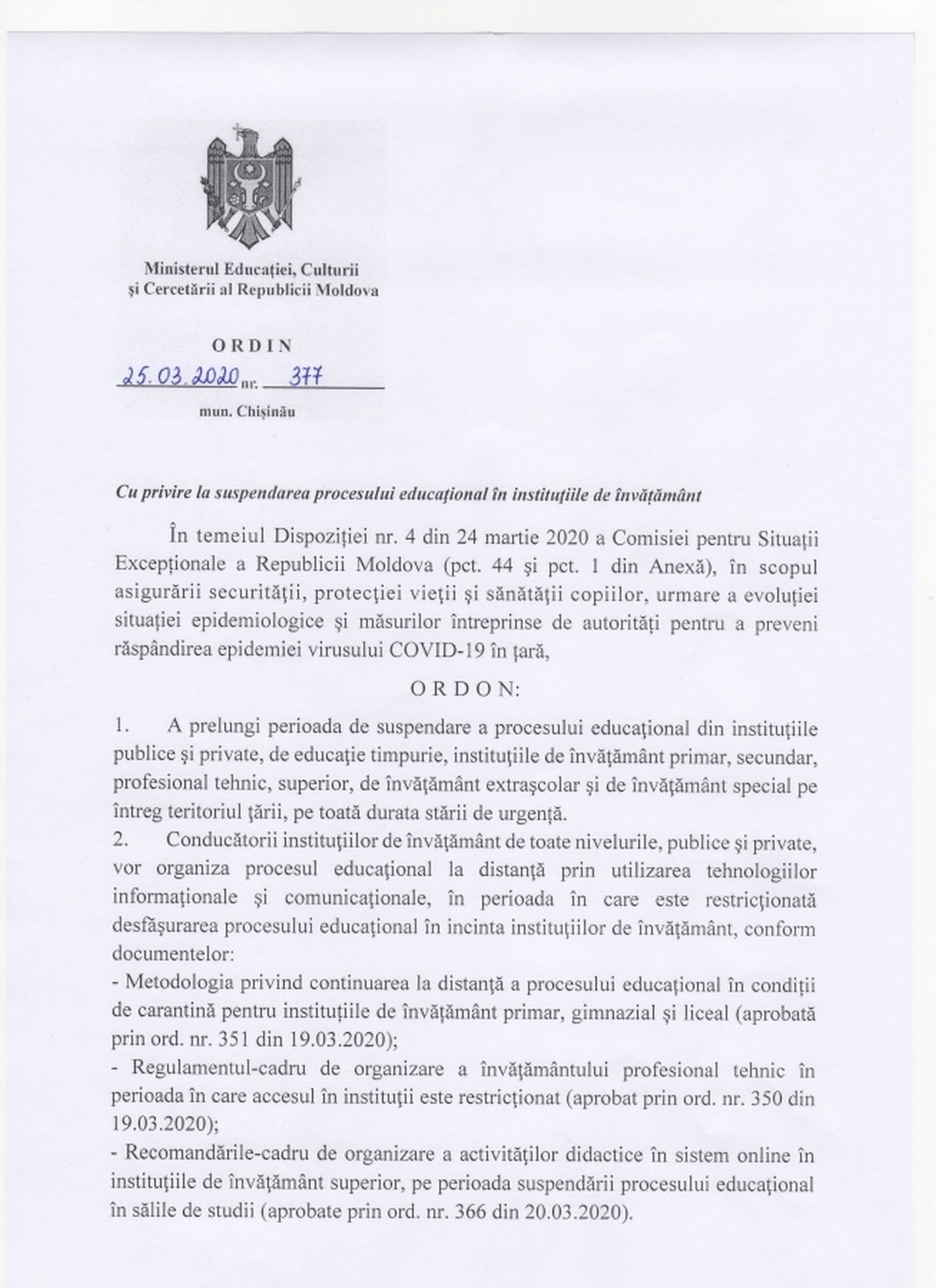 Se prelungește perioada de suspendare a procesului educațional în cadrul instituțiilor de învățământ pe întreg teritoriul țării pe toată durata stării de urgență