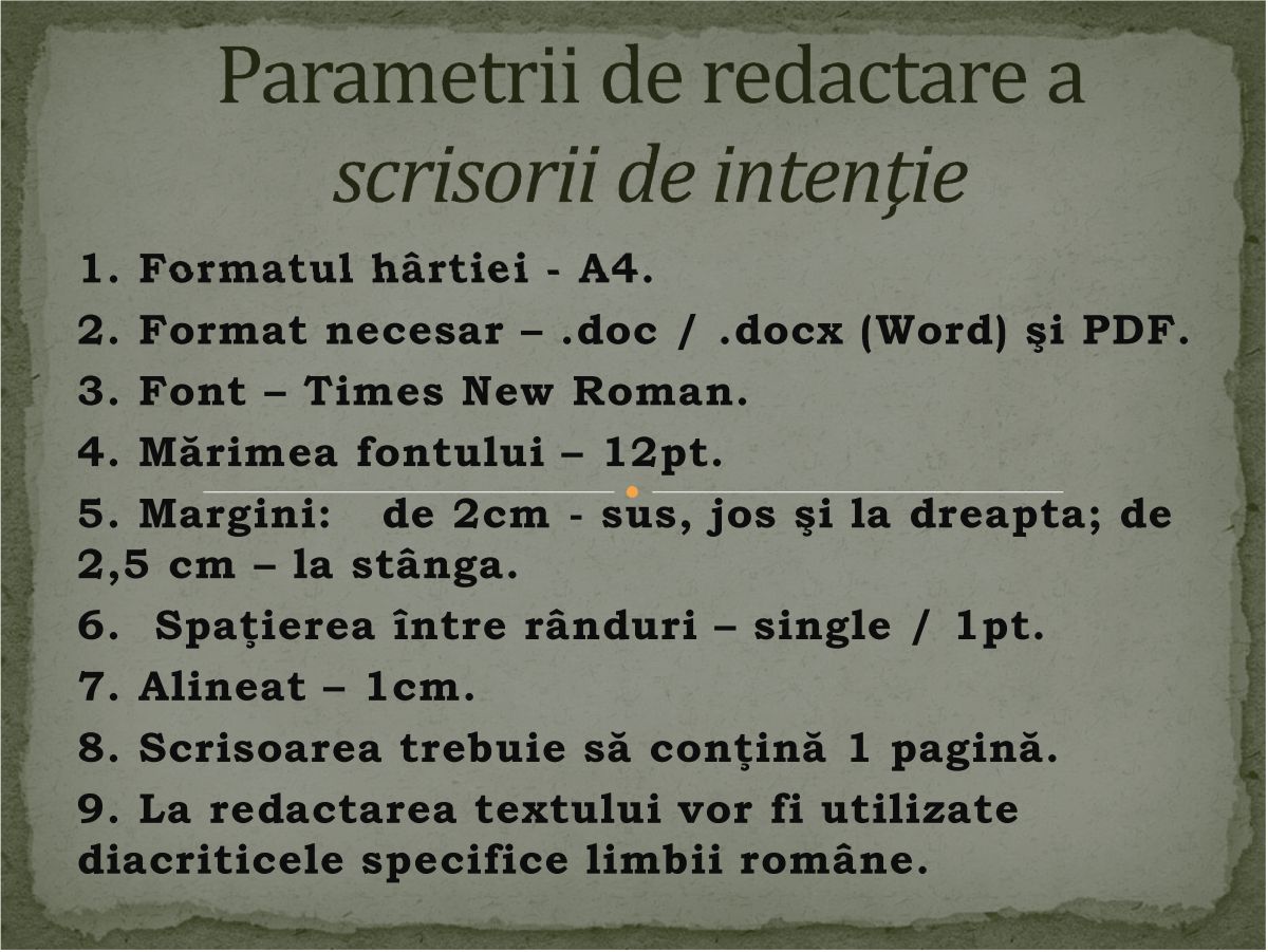 CERINŢE PRIVIND REDACTAREA SCRISORII DE INTENŢIE PENTRU ADMITEREA ÎN CLASA A 5-a